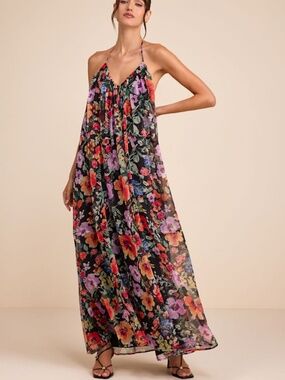 Lulus Ardelia Black Multi Floral Backless Shift Maxi Dress - Size M